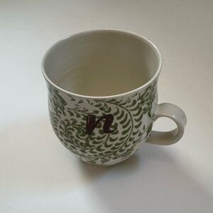 Anthropologie Green and White Floral Ceramic Mug with ‘N’ Initial